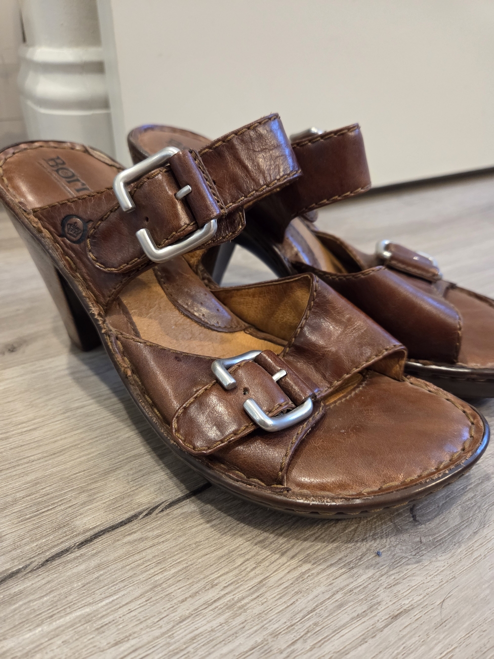Born Brown Leather Buckle Mule Heels